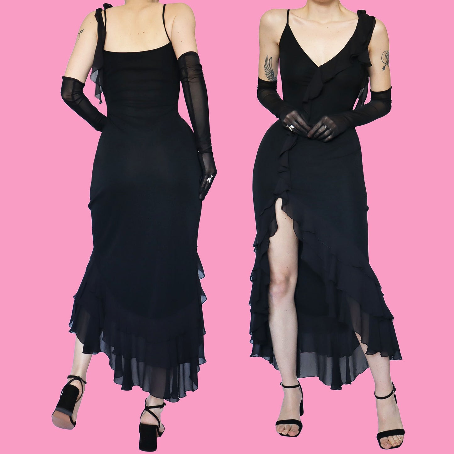 Black silk mix frilly evening dress UK 8 & UK 10