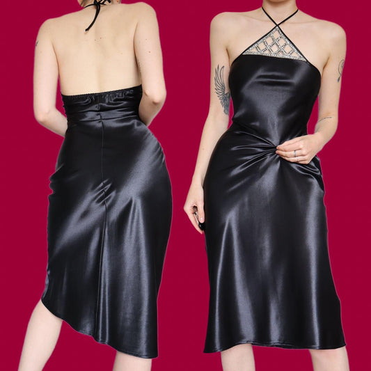 Silky black diamanté midi party dress UK 10-12