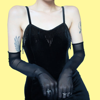 Black velvet beaded midi dress UK 10