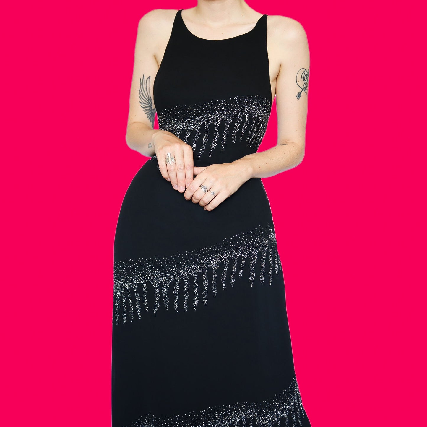 Beautiful YVE black beaded evening dress UK 14