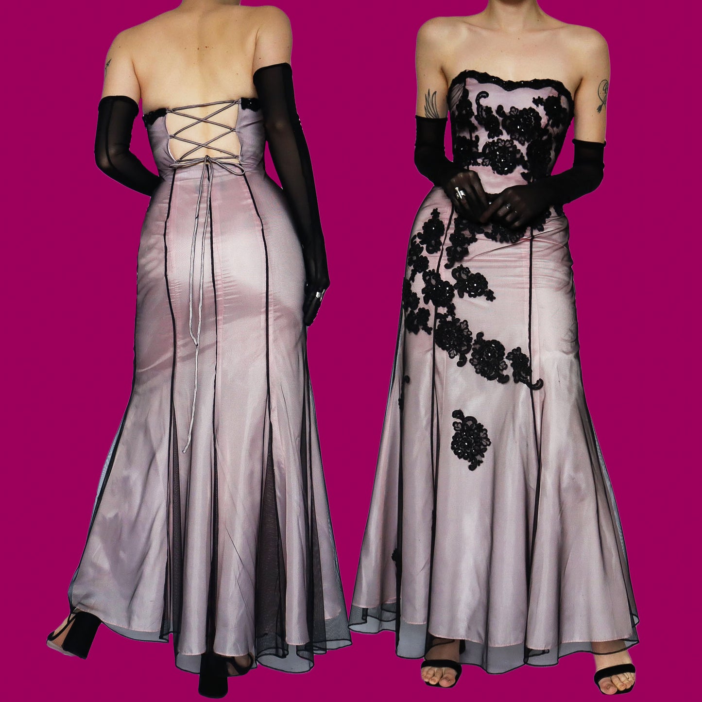 Pink strapless lace fishtail evening dress UK 8