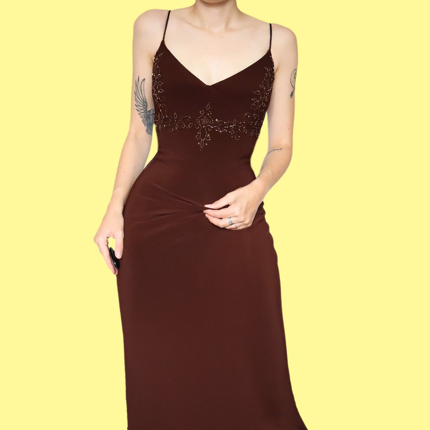 Brown stretch beaded open back evening dress UK 10