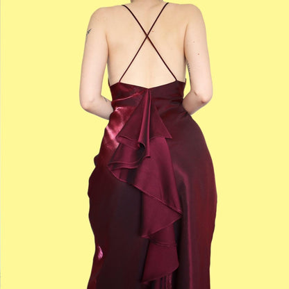 Stunning burgundy silky satin evening slip dress UK 14