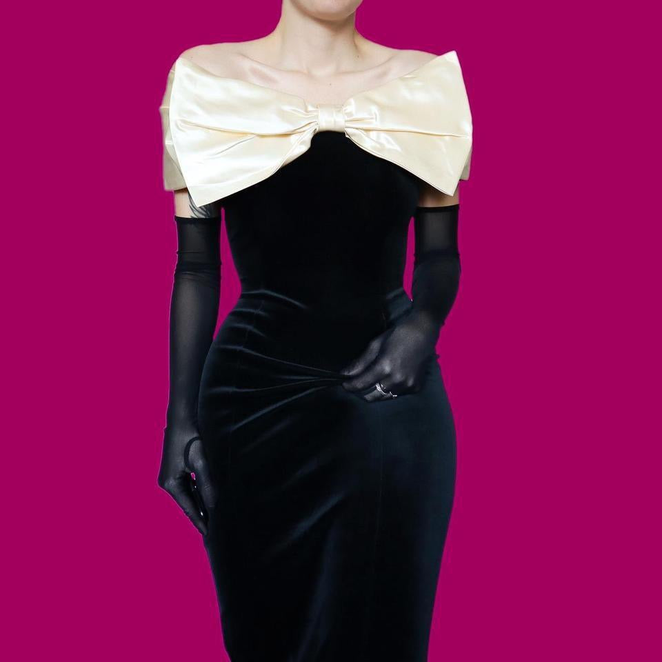 Black velvet bow detail evening dress UK 12