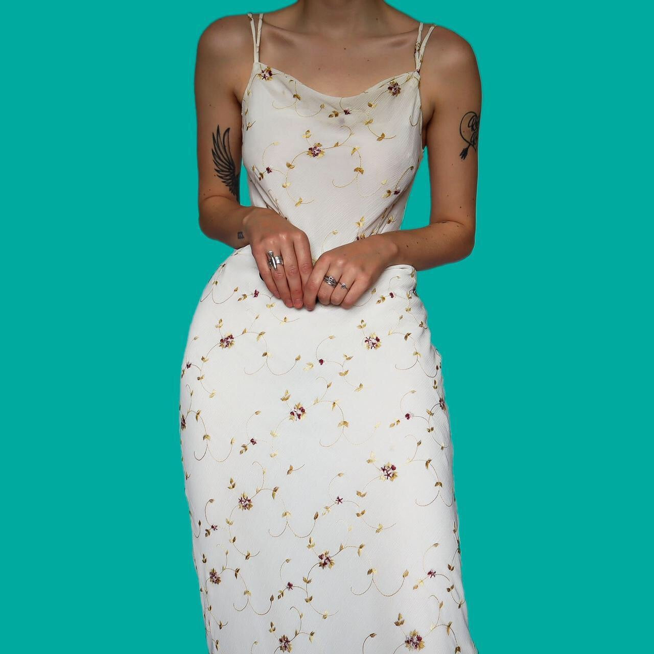 Beautiful white floral embroidered evening dress UK 12