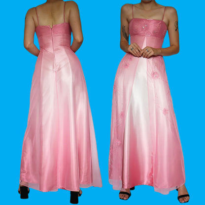 Pink satin ombré beaded evening dress UK 8