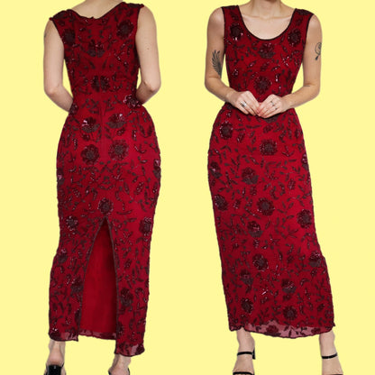 Stunning 100% silk dark red beaded/sequin floral evening dress UK 10