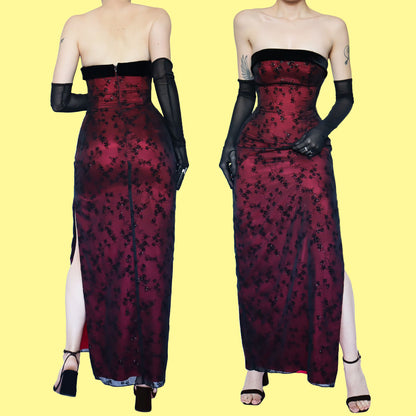 Red glittery floral strapless evening dress UK 10