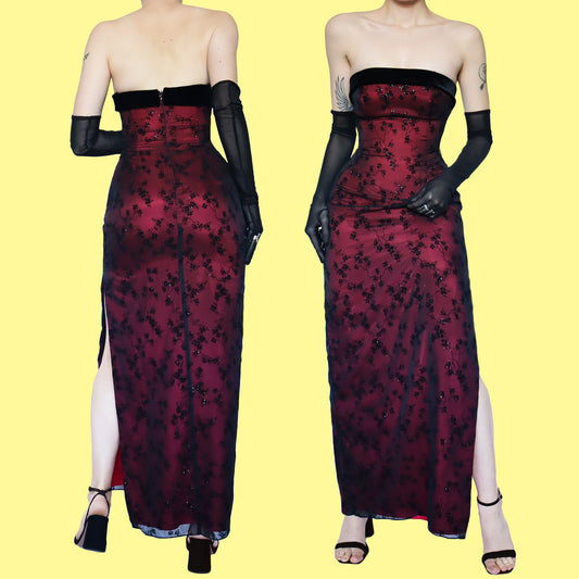 Red glittery floral strapless evening dress UK 10