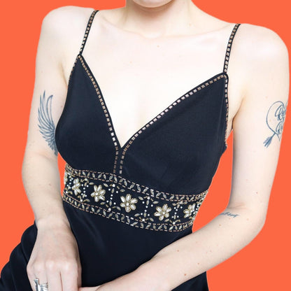 Chic black beaded evening dress size UK 12