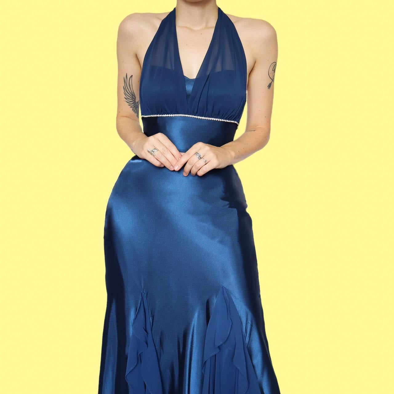 Blue satin diamanté halter neck evening dress UK 10