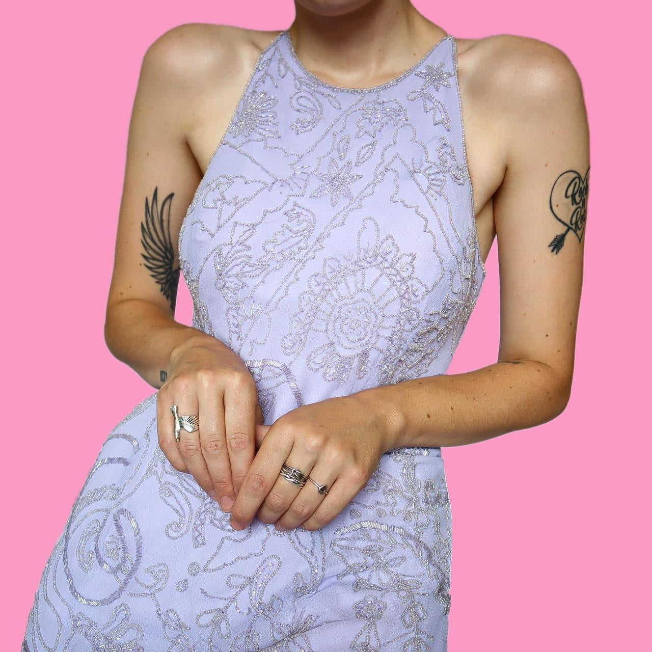 Lilac Heavily Beaded Open Back Evening Dress UK 16