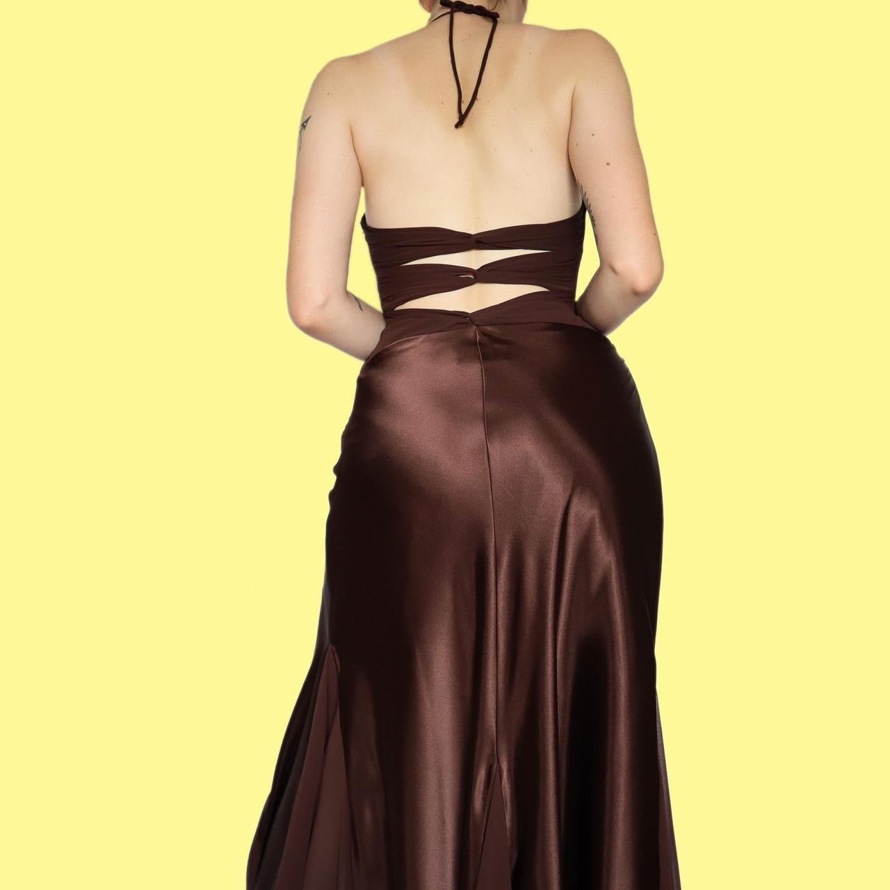 Beautiful brown satin halter-neck evening dress UK 8