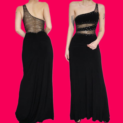 Stunning black stretch sheer panel evening dress UK 10