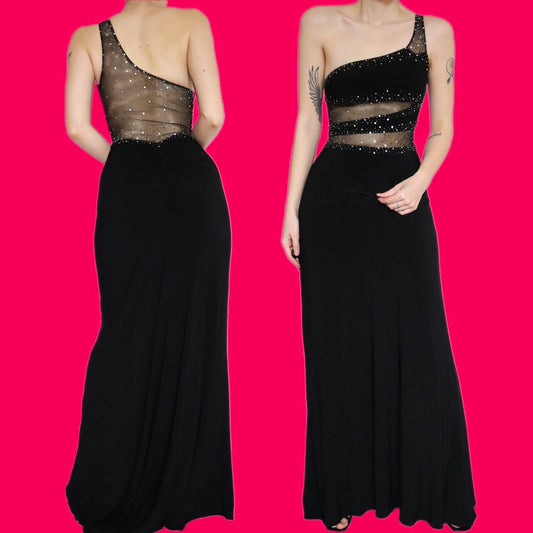 Stunning black stretch sheer panel evening dress UK 10
