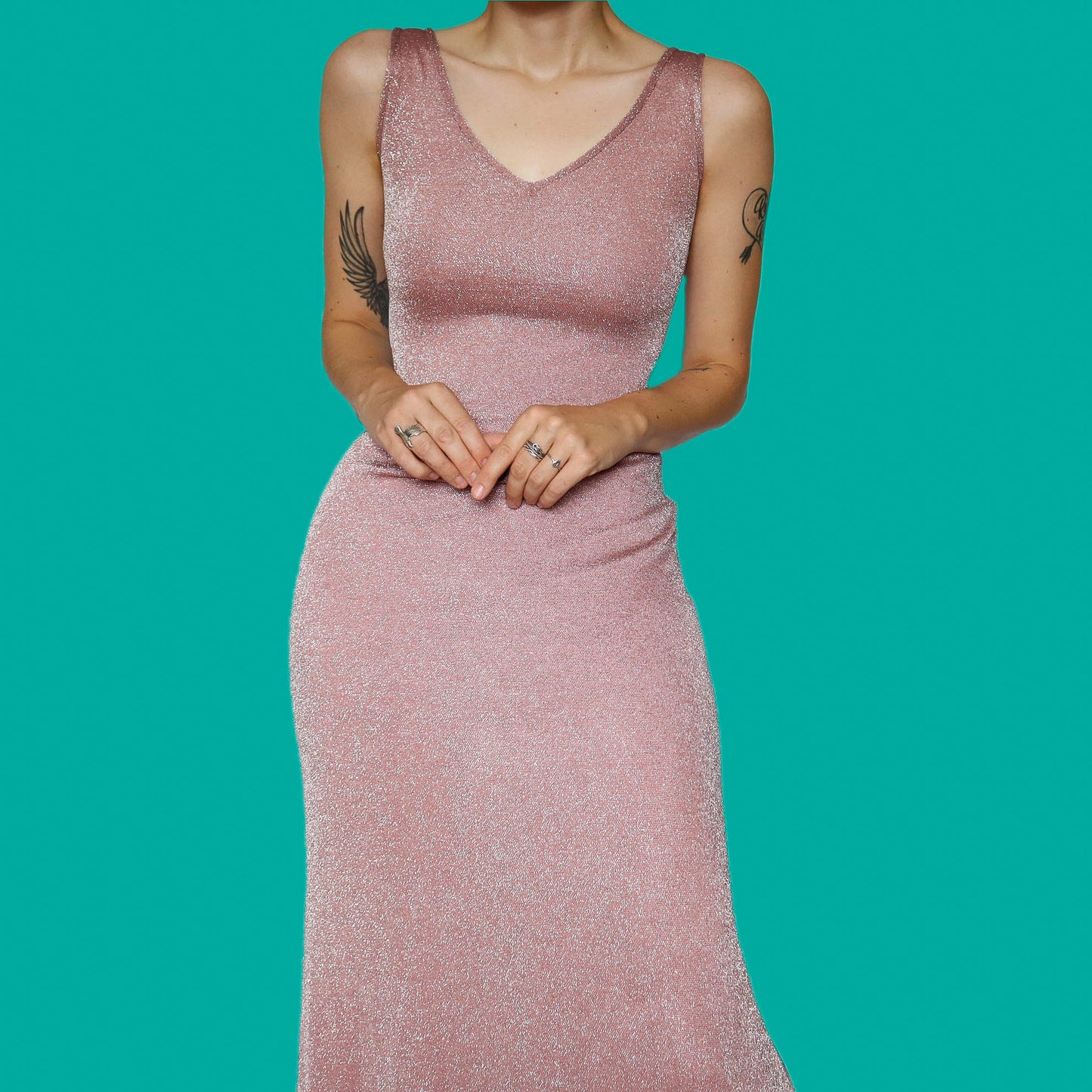 Pink glitter stretch low back evening dress UK 14