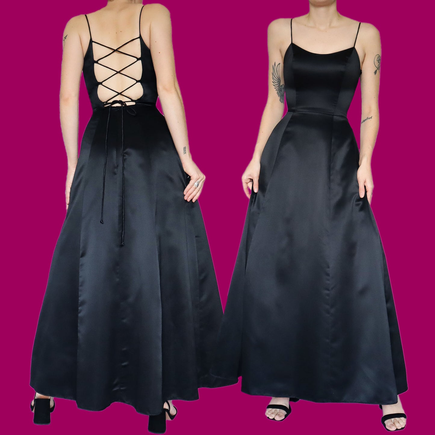 Black a line lace up back evening dress UK 6