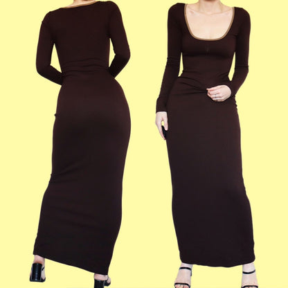 Designer Nick Coleman brown long sleeve stretch maxi dress UK 10