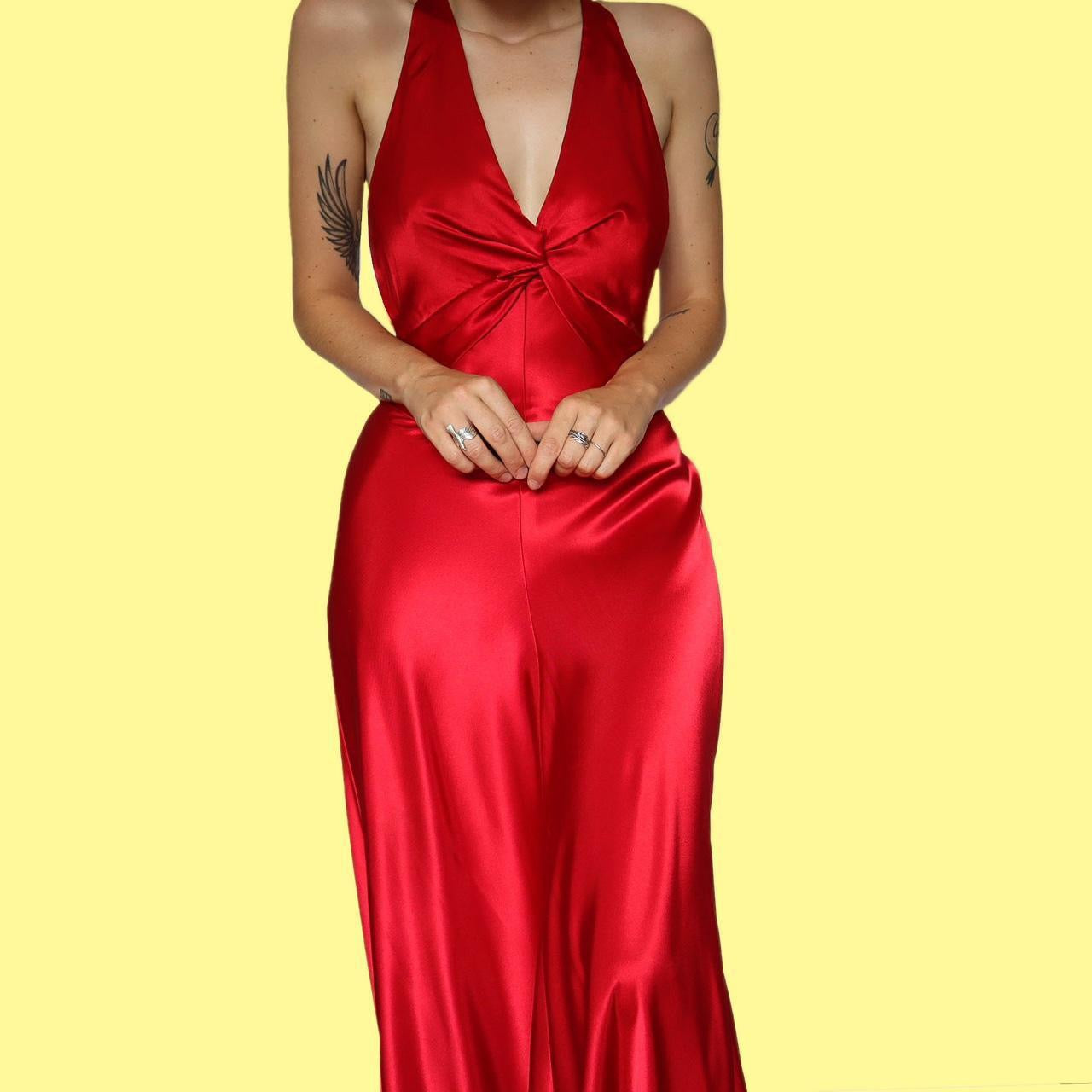 Red satin open back evening dress UK 14