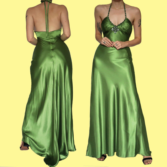 Silky green halter neck evening dress UK 12