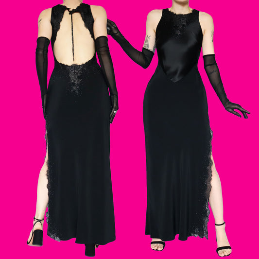 Black lace open back evening dress UK 10