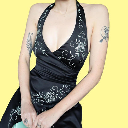 Green & black halter neck prom dress UK 10 & UK 12