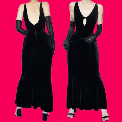 Black velvet stretch low cut evening dress UK 14