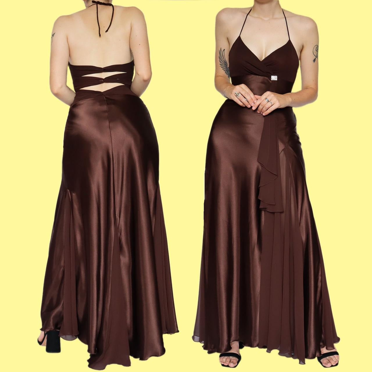 Beautiful brown satin halter-neck evening dress UK 8