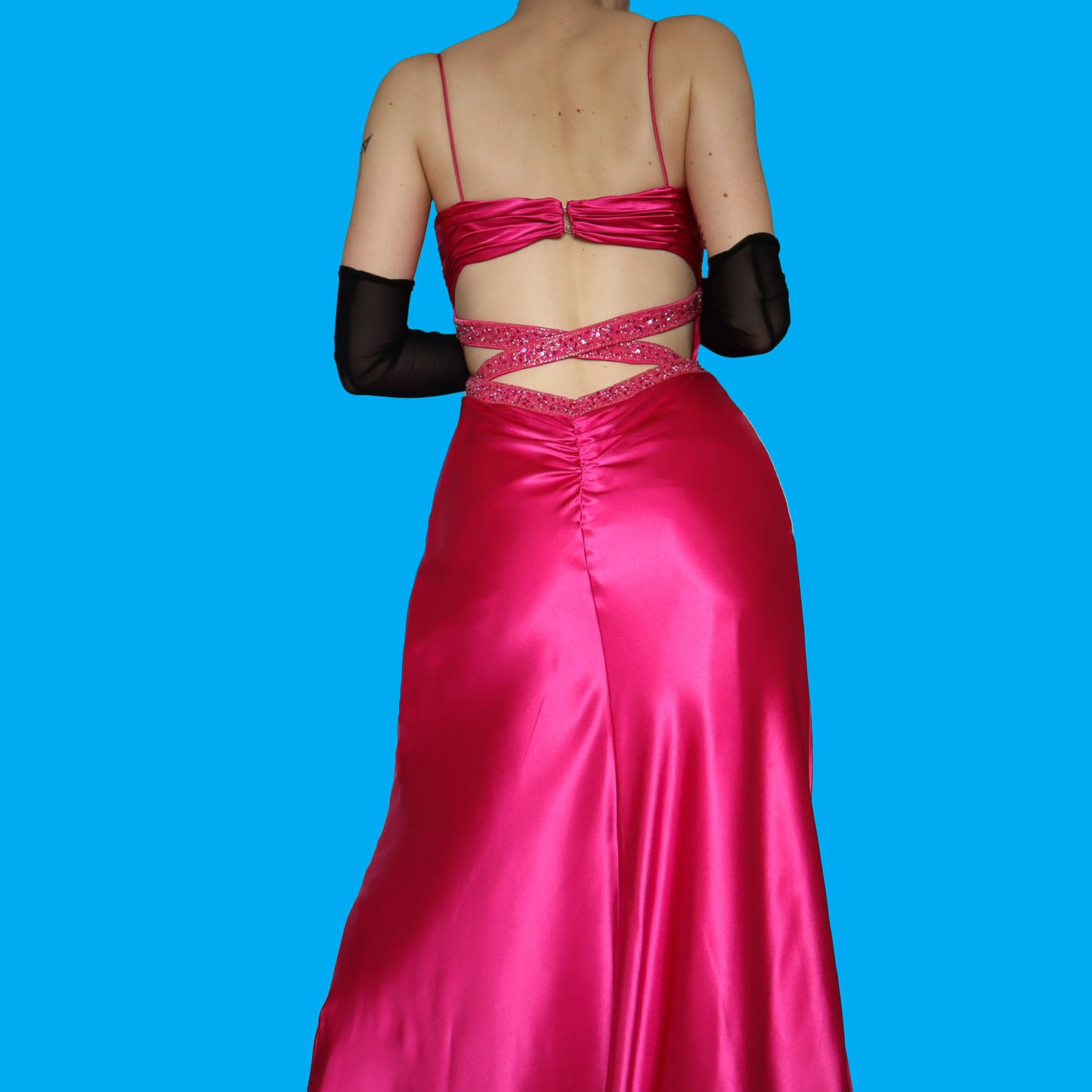 Pink satin beaded evening dress UK 10