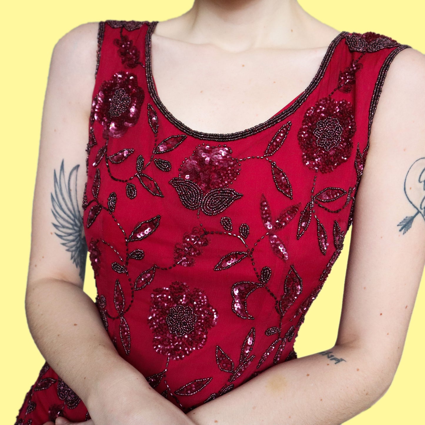 Stunning 100% silk dark red beaded/sequin floral evening dress UK 10