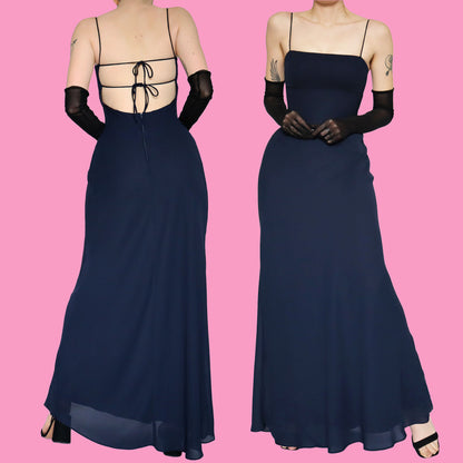 Navy chiffon open back evening dress UK 10