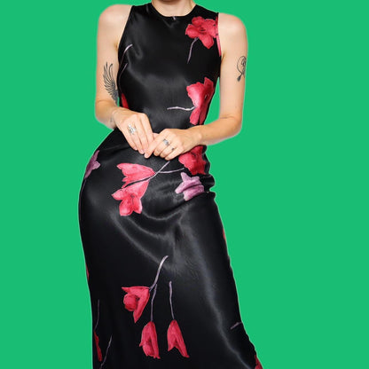 Beautiful silky black floral evening dress UK 12