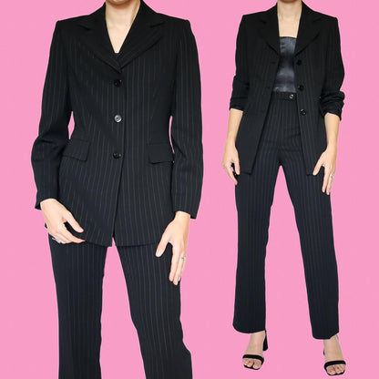 Black pinstripe 2 piece trouser suit UK 10