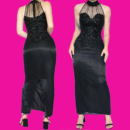 Beautiful black heavily beaded high neck evening dress UK 10