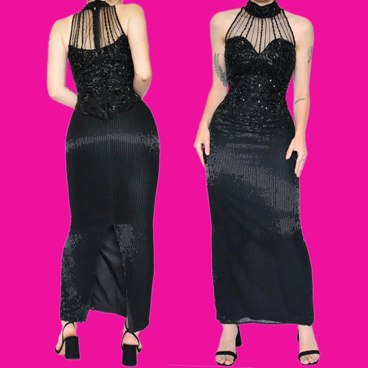Beautiful black heavily beaded high neck evening dress UK 10