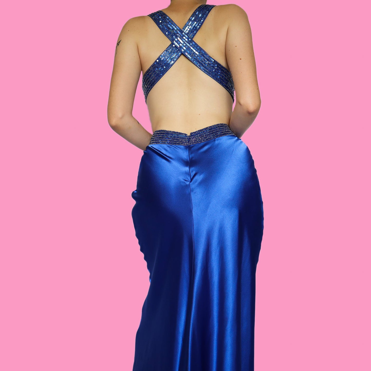 Electric blue satin sequin beaded evening dress UK 6