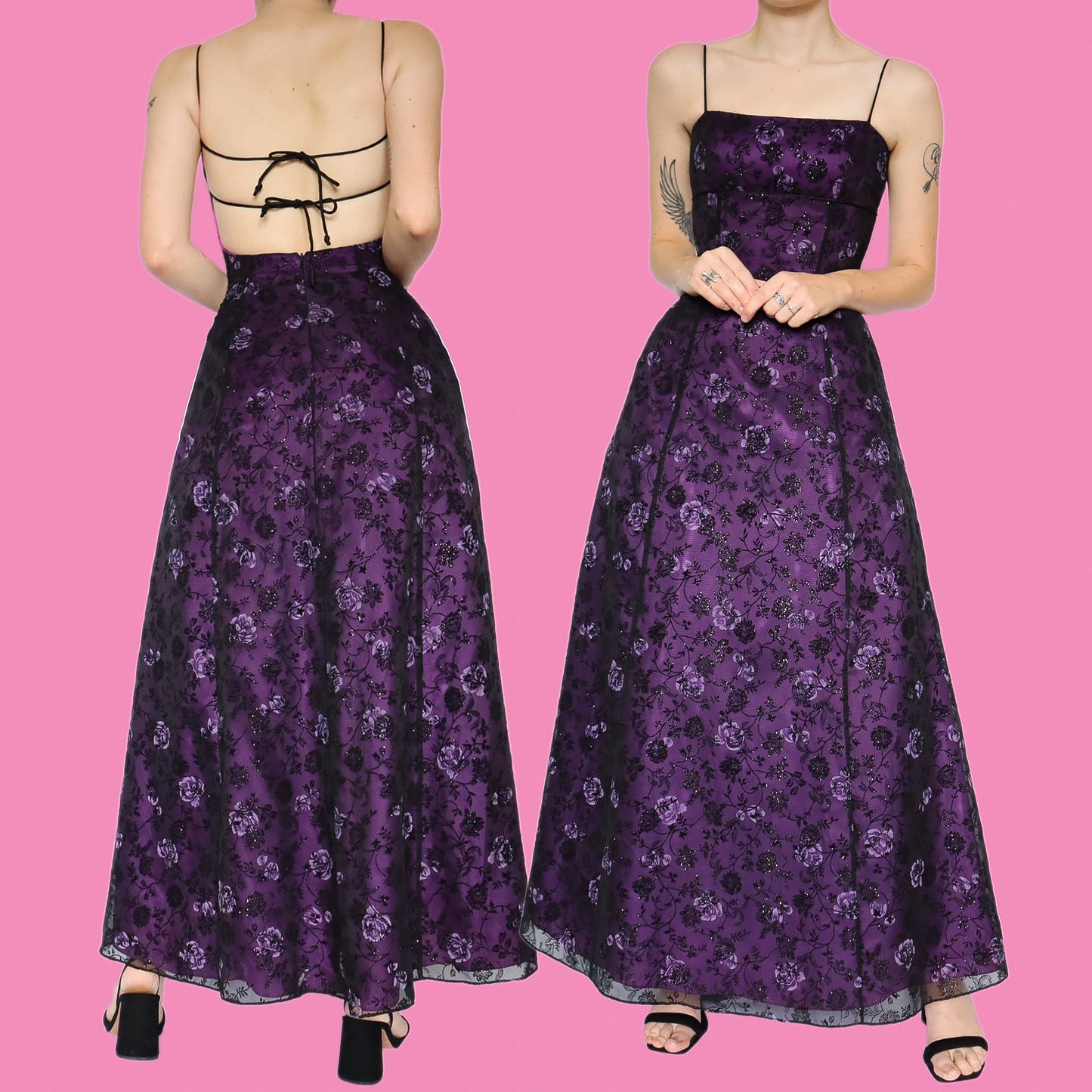 Purple glittery floral a line prom dress UK 8