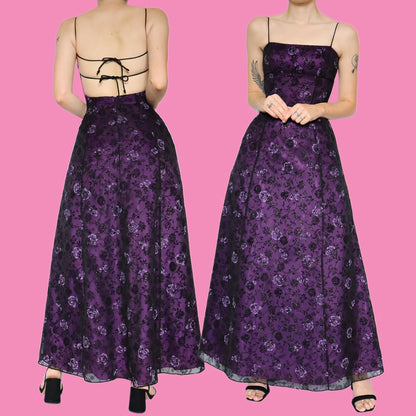 Purple glittery floral a line prom dress UK 8