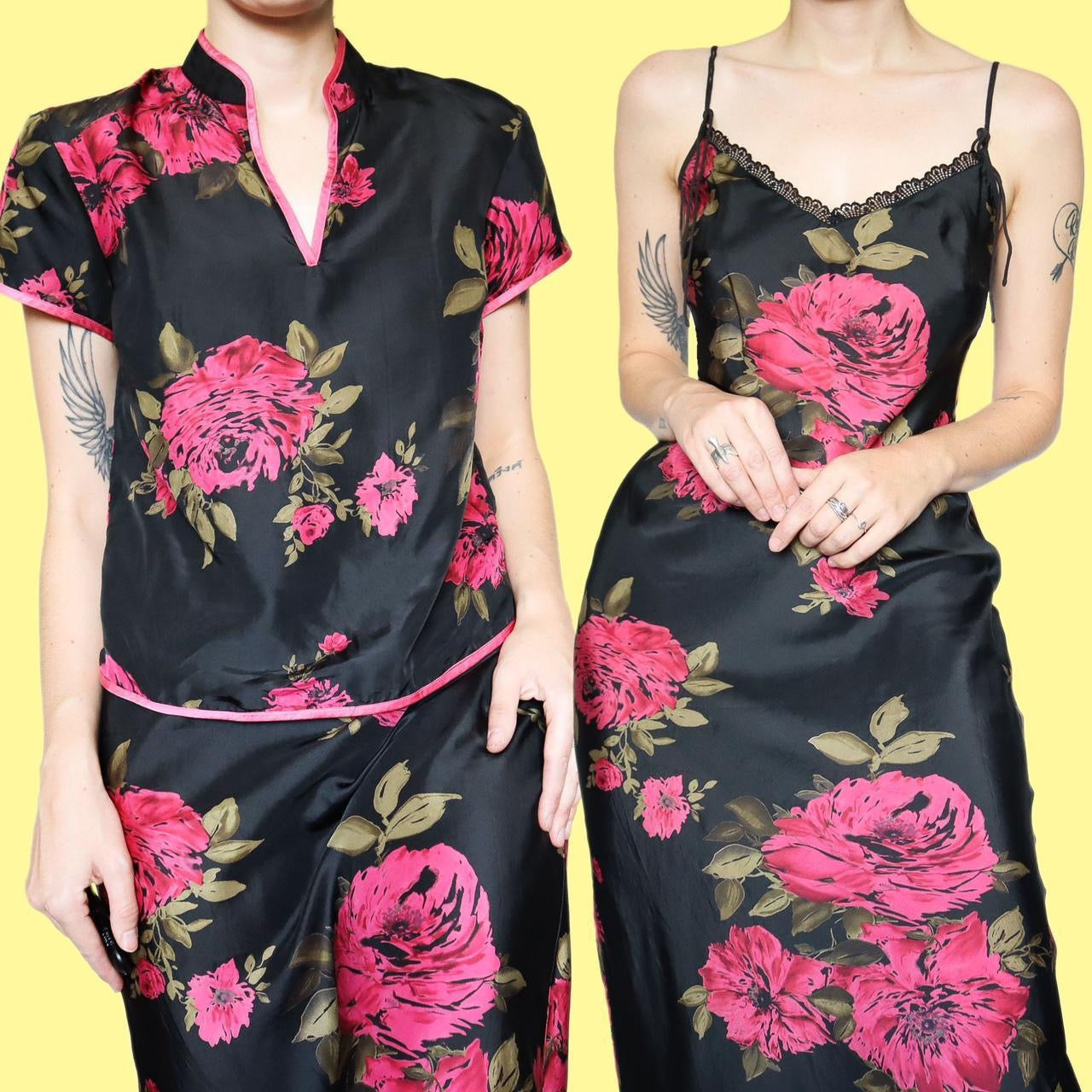 Black floral slip dress with matching top UK 8