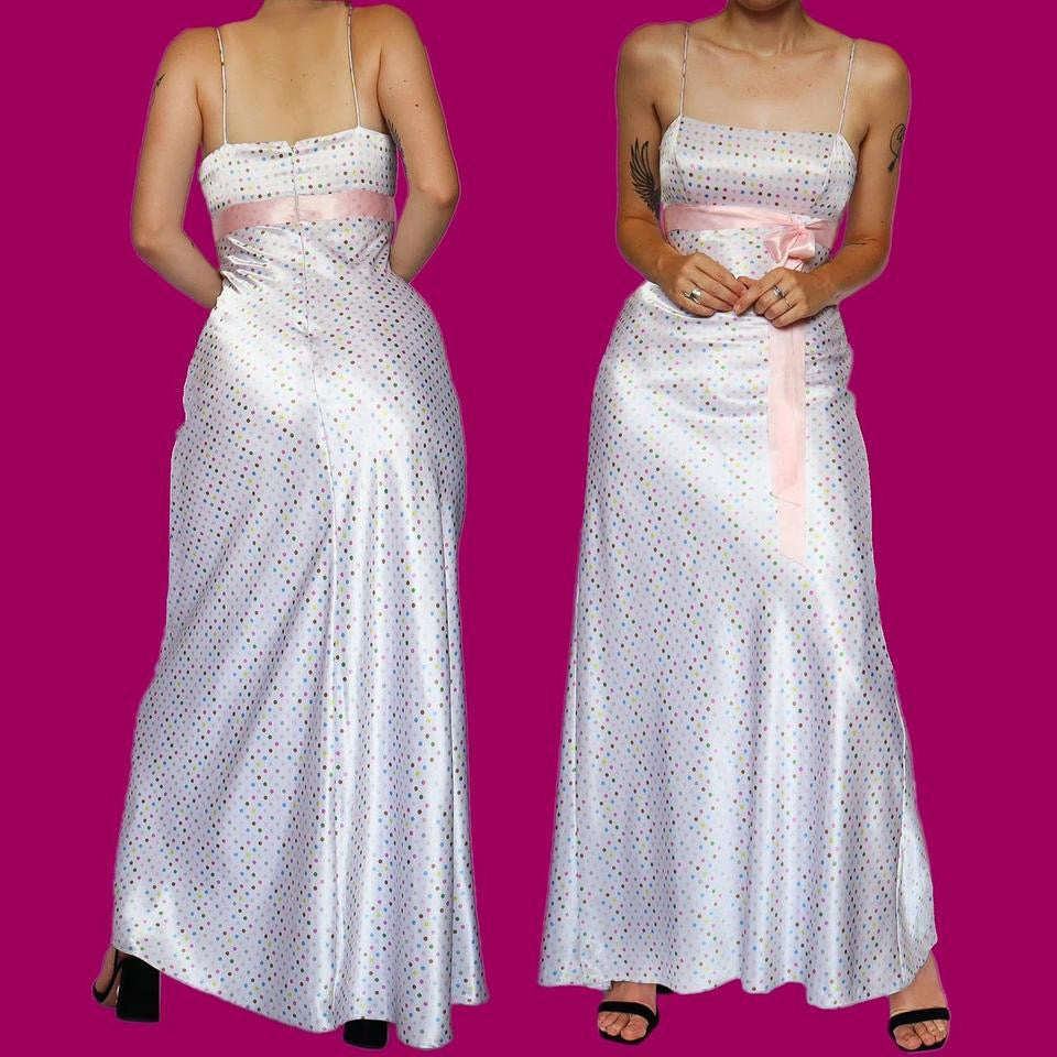 White Dave & Johnny polka dot print satin evening dress UK 10