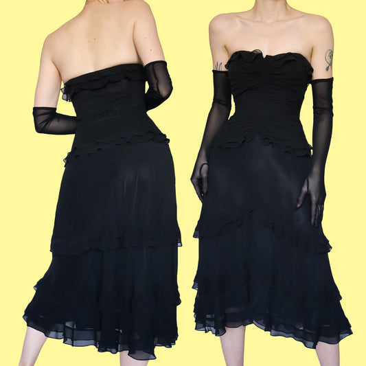 Black strapless pure silk evening dress UK 12