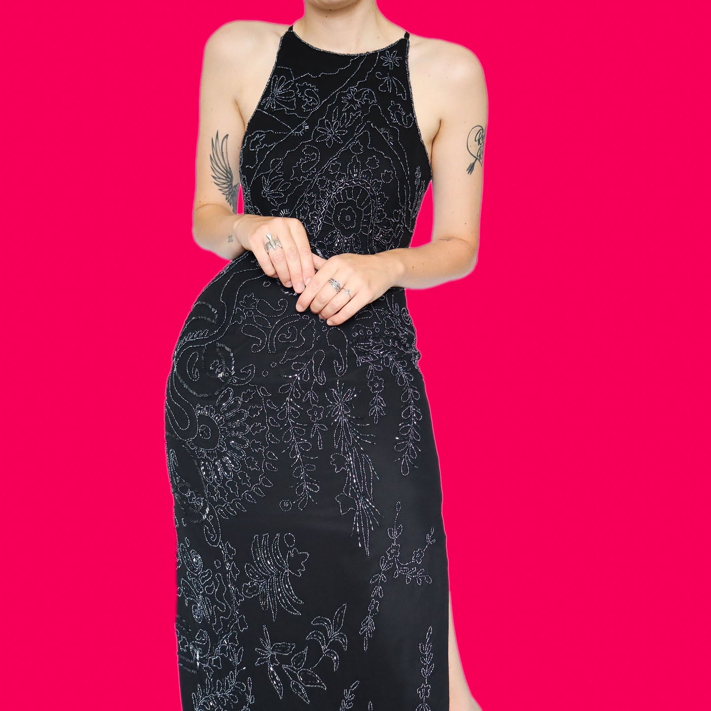 Stunning black heavily beaded evening dress UK 10