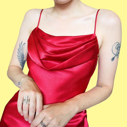 Red satin slip evening dress UK 8