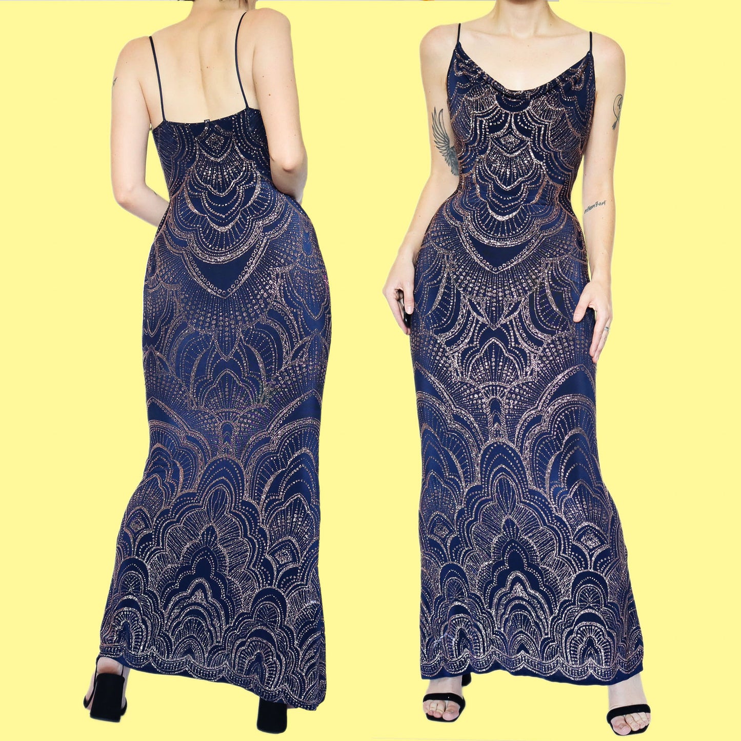 Navy stretch glitter slip evening dress UK 8