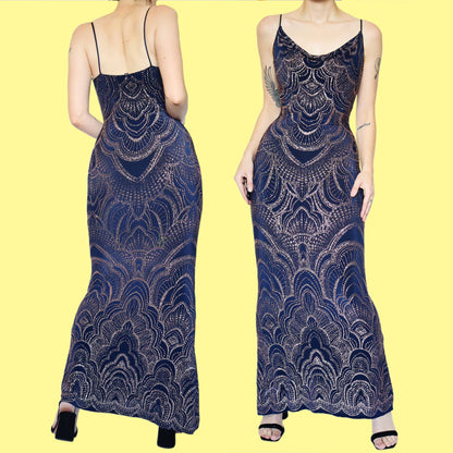 Navy stretch glitter slip evening dress UK 8