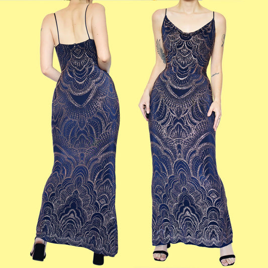 Navy stretch glitter slip evening dress UK 8