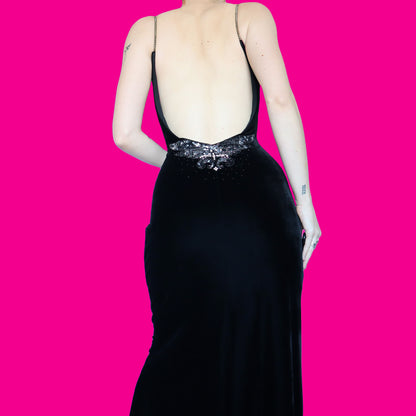 Black velvet low back evening dress UK 14