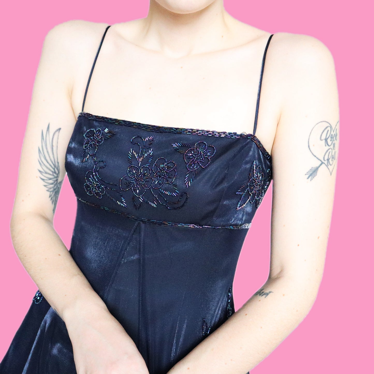 Stunning navy silky beaded evening dress UK 14