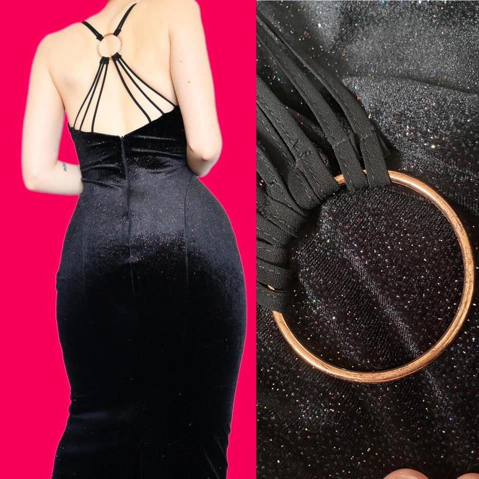 Black glittery velvet stretch evening dress UK 12