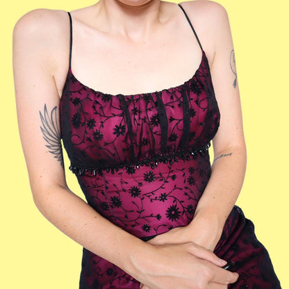 Pink & black glittery floral evening dress UK 14